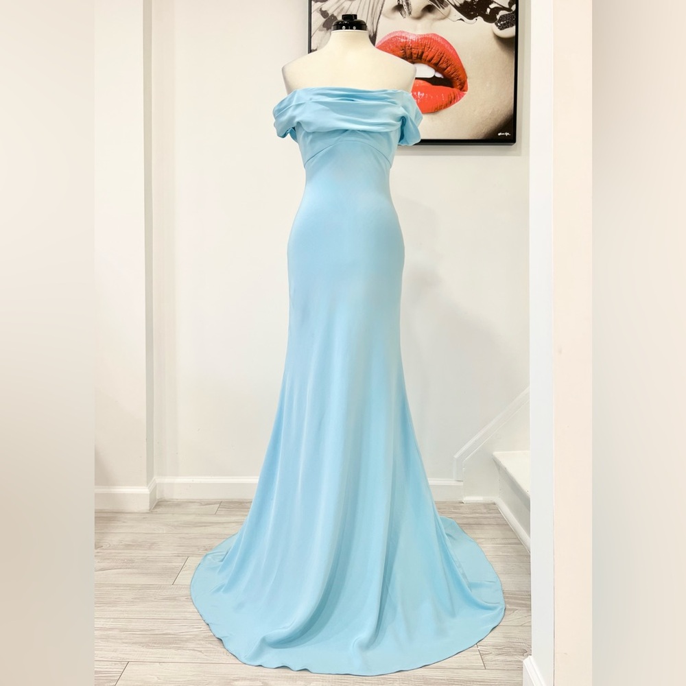 Monique Lhuillier Collection Draped Off-The-Shoulder Silk Gown Blue Maxi Dress - Picture 4 of 15